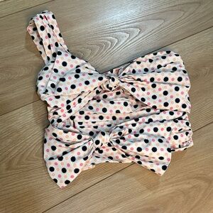Anthropologie Pink and Black Polka Dot Bow-Front Crop Top